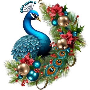 Christmas Peacock with Ornaments PNG Clipart, Festive Holiday Bird Clip Art, Winter Floral Decoration, T-Shirt Sublimation Design, DIY Craft