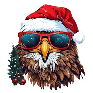 Christmas USA Eagle Santa Hat&Sunglasses Transparent PNG Clipart,Kids/Adults Cartoon Design,Printable Sublimation,Commercial,Animal Clip Art