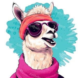 Trendy Llama PNG Clipart with Sunglasses & Headscarf, Llama Drama for DIY Crafts, T-Shirt,Mug Sublimation,Stickers,Scrapbooking,Illustration