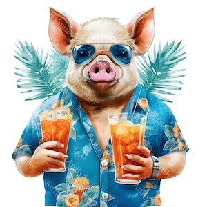 Cerdo tropical Clipart PNG - Cerdo lindo con camisa hawaiana con lentes de sol y bebidas tropicales, Clip Art de fiesta de verano para camisetas, tazas, invitaciones, manualidades