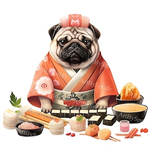 Adorable Sushi Pug Clipart – Transparent PNG of Pug in Kimono with Sushi for Digital Clip Art, DIY Crafts, Invitations, DTG T-Shirt, Mug
