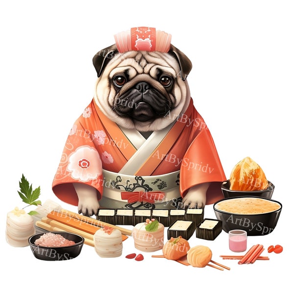 Sushi Pug Clipart PNG | Cute Dog in Kimono Digital Download | Japan-Themed Animal Illustration| Printable Sublimation Graphics for DIY Craft