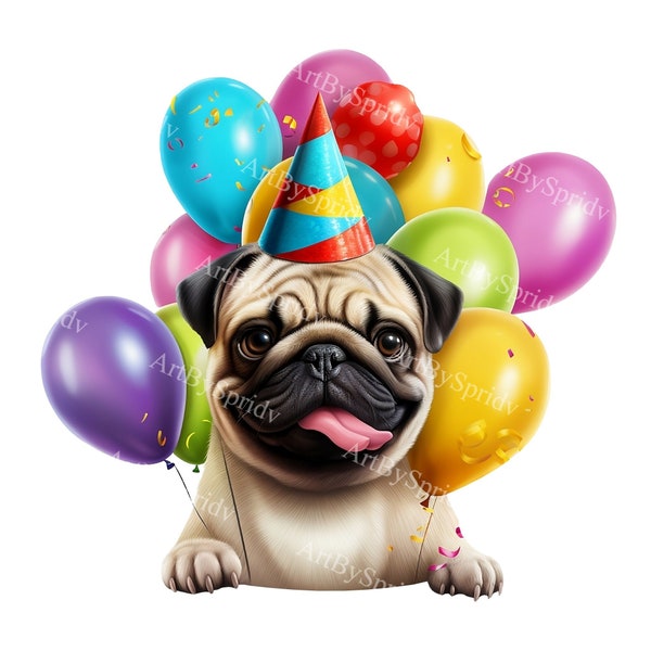 Cute Pug With Party Hat&Balloons Transparent PNG Clipart,Kids/Adult Cartoon Design,Printable Sublimation,Commercial,Magical Animal Clip Art