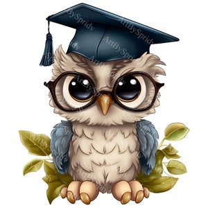 Baby Owl with Glasses & Graduation Cap PNG Clipart, Cute Back to School Bird for Invitations, Sublimation, Educational DIY Craft Designs
