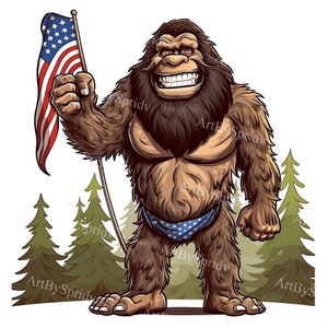 Patriottische Bigfoot/Sasquatch USA vlag transparante PNG clipart, kinderen/volwassenen cartoon design, afdrukbare sublimatie, commercieel, magische illustraties