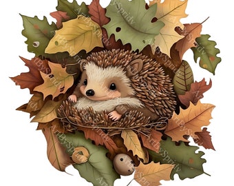 Adorable bébé hérisson blotti dans des feuilles d'automne PNG Clipart, animal de la forêt mignon pour travaux manuels d'automne, faire-part, décoration d'intérieur, T-shirt, tasse