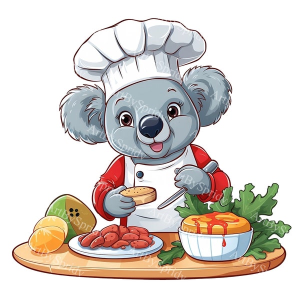Chef Cooking Koala PNG Clipart: Digital Clip Art for Kitchen Decor, Printables, Sublimation, T-Shirts, Menus, Recipe Cards-Instant Download