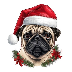Adorable Pug Christmas PNG Clipart, Cute Holiday Pug with Santa Hat & Wreath, Digital Download for Festive DIY Crafts, Cards, Decorations