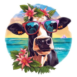 Cow With Sunglasses & Flower PNG Clipart,Transparent Farm Animal Lover Print,Clip Art Design,DIY Printable Birthday Sublimation Tshirt,Mug
