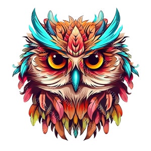 Búho colorido PNG / Búho con plumas vibrantes y ojos encantadores / Arte de sublimación imprimible DTG / Descarga digital para manualidades y decoración