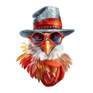 Poulet avec chapeau et lunettes de soleil PNG Clipart, téléchargement fantaisiste de volaille, illustration amusante d'animaux de ferme pour travaux manuels, cartes, impressions, t-shirt