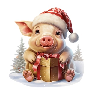 Cute Farm Pig With Christmas Santa Hat Transparent PNG Clipart,Kid/Adult Cartoon Design,Printable Sublimation,Commercial Use,Animal Clip Art