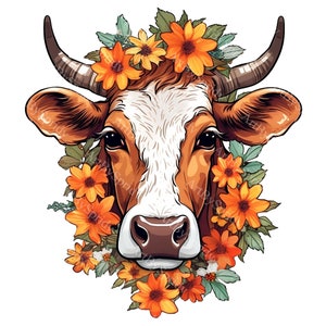 Cow Wearing Flower Crown PNG Clipart,Transparent Farm Floral Animal Lover Print, Kids Clip Art Design,DIY Printable Sublimation, T-Shirt