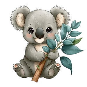 Clipart PNG de branche d'eucalyptus de koala, clipart transparent imprimé floral animal pour enfants, dessin animé mignon, T-shirt imprimable bricolage par sublimation, tasse