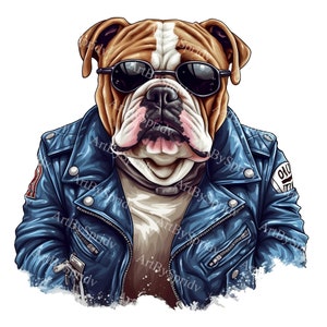 Biker Bulldog With Leather Jacket PNG, Transparent Animal Clipart,Kids/Adults Cartoon Design,Printable Sublimation,Commercial,Cute Clip Art