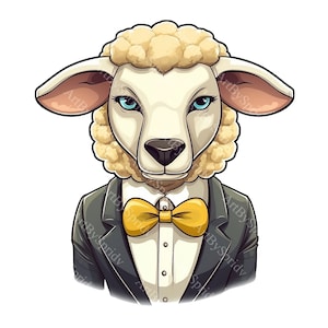 May include: A cartoon illustration of a sheep wearing a black suit and a yellow bow tie. The sheep has a serious expression on its face.
