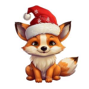 Cute Fox With Christmas Santa Hat Transparent PNG Clipart, Kids/Adults Cartoon Design, Printable Sublimation, Commercial Use,Animal Clip Art