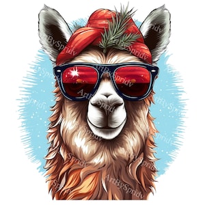 Festive Christmas Llama with Sunglasses PNG Clipart, Holiday Digital Download, Whimsical Animal Clip Art for T-Shirt Sublimation, DIY Craft