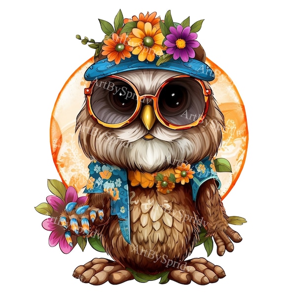 Hippie Owl Clipart - Boho Chic Digital PNG, Floral & Peace Sign, 70s Retro Printable Sublimation Design for T-Shirts, Mugs, Instant Download