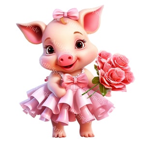 Cerdito con tutú y ramo de flores, clipart PNG, impresión transparente para amantes de los animales de granja, diseño de clip art para niños, sublimación imprimible DIY