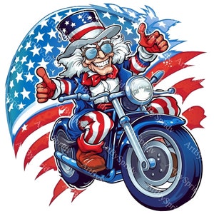 Clipart di motocicletta patriottica dello zio Sam PNG, download digitale di motociclisti con bandiera americana, sublimazione di magliette per il giorno dell'indipendenza, design del 4 luglio, fai da te