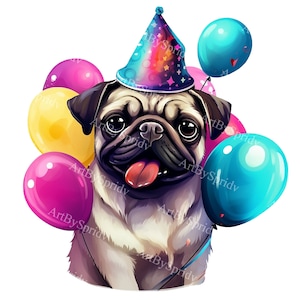 Uroczy mops z czapką imprezową i balonami przezroczysty PNG Clipart, projekt kreskówki dla dzieci/dorosłych, do druku sublimacja, reklama, magiczny zwierzęcy clipart