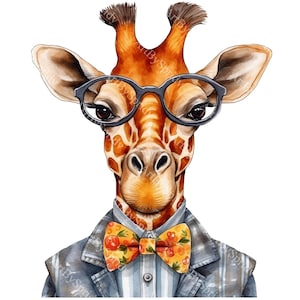 Giraffe with Glasses and Floral Bow Tie Digital PNG Clipart, Quirky Animal Illustration for Invitations, Scrapbooking, Prints, DIY Craft