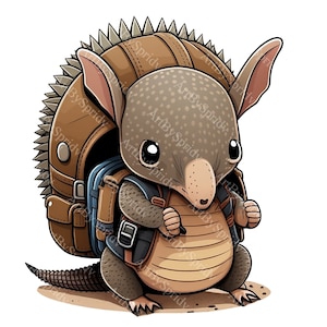 Baby Armadillo With Backpack PNG Clipart, Transparent Animal Print Kids Clip Art, Cute Cartoon Design, DIY Printable Sublimation T-Shirt,Mug