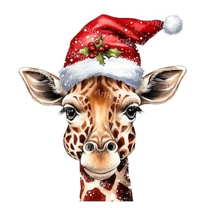 Jirafa navideña festiva PNG Clipart, linda jirafa con gorro de Papá Noel Ilustración navideña digital para tarjetas de bricolaje, manualidades y decoración, sublimación