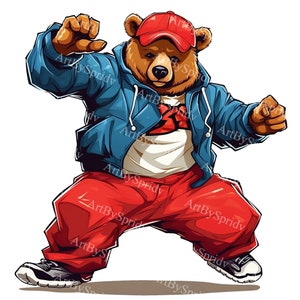 Breakdancing Bear Clipart PNG, Urban Style Bear in Hip Hop Outfit, Transparent Clip Art for Streetwear, Stickers, Digital Clip Art Projects