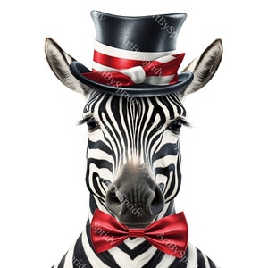 Zèbre élégant avec chapeau haut de forme et noeud papillon Clipart PNG, clipart numérique amusant animal chic pour décoration, cartes, T-shirt DTG, tasse, projets d'artisanat bricolage