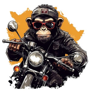 May include: A cartoon illustration of a chimpanzee wearing a black leather jacket, sunglasses, and a bandana with the text "Rebel 88" riding a motorcycle.