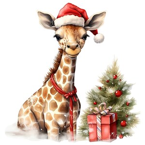 Adorable Christmas Giraffe PNG Clipart | Festive Holiday Animal with Santa Hat,Xmas Tree&Gift | Transparent Digital Download for DTG T-Shirt