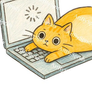 May include: A cartoon illustration of an orange cat using a laptop computer. The cat is lying on the laptop with its paws on the keyboard. The laptop screen shows a loading icon. The cat has a cute expression on its face.