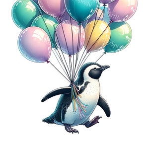 Pingwin Balon Clipart | Kolorowa dekoracja imprezowa PNG | Dziecięcy projekt sublimacji urodzinowej - Wydrukowana cyfrowa sztuka na zaproszenia i rzemiosło