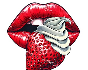 Labios sensuales de fresa PNG, clipart de labios de arte pop retro, tatuaje vintage en la boca, descarga digital de crema batida de fresa, impresión de sublimación atrevida