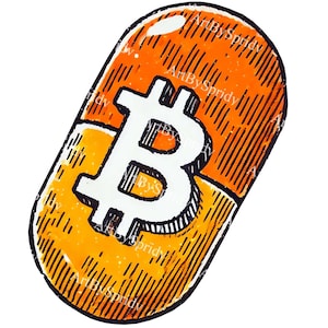 Puede incluir: Una ilustración estilizada de una píldora con un símbolo de Bitcoin en su interior. La píldora es naranja y amarilla con contornos negros. El símbolo de Bitcoin es blanco con contornos negros.