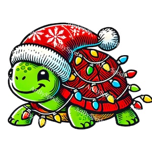 Christmas Turtle Clipart, Transparent  PNG Clip Art, Turtle in Santa Hat with Xmas Lights, Holiday DIY Crafts, DTG T-Shirt, Mug Sublimation
