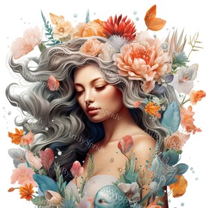 4 PCS Mermaid Underwater Seashell Clipart Set-Floral Mermaid PNG,Ocean Art, antasy Mermaid Illustration,Digital Download,Sea Life Elements