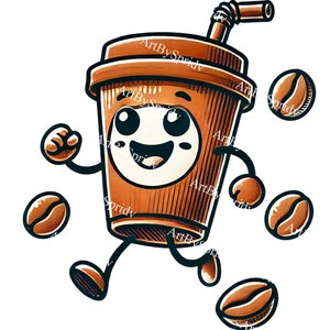 Coffee Cup Cartoon Design PNG | Cute Smiling Coffee Mug Clipart for T-Shirts, Mugs, Stickers | Running Coffee Clip Art Printable Design, DIY