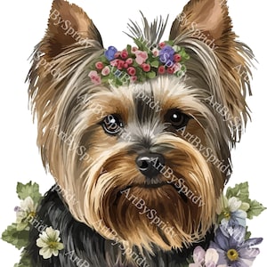 Adorable Yorkshire Terrier with Floral Crown Download PNG Clipart, Transparent T-Shirt Sublimation Clip Art for DIY Crafts, Scrapbooking
