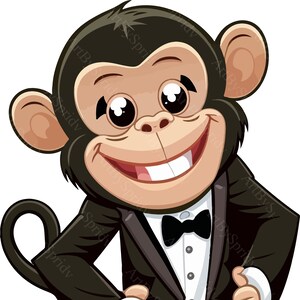 Wesoła kreskówka małpa Clipart - Przezroczysty PNG, Uroczy szympans w smokingu, Grafika zwierząt na zaproszenia, Pobieranie cyfrowe, Dekoracja imprezy