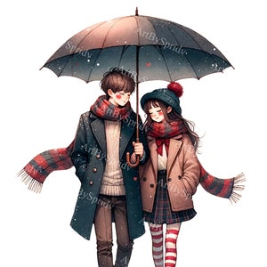 Valentine's Day Clipart - Boy & Girl Under Umbrella, Romantic Cartoon PNG, DTG T-Shirt, Mug, Tumbler Design - Sublimation and Scrapbooking