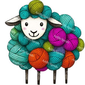 Cute Yarn Sheep Transparent PNG Clipart, Colorful Knitting Wool Ball Sheep Design for Crafters,Sublimation Art for Yarn Lovers&Fiber Artists