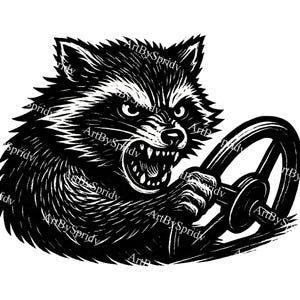 Angry Raccoon Driving PNG | Fierce Animal at Steering Wheel Clipart for Car Decals, Mechanic Garage Art, Rodent Road Rage Sublimation Design