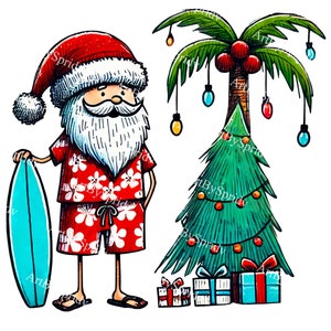 Tropische kerstman clipart, surfen kerstman met palmboom PNG, strand kerstvakantie voor tee sublimatie, digitale Hawaii DIY Craft illustraties