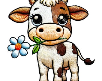 Cow Holding a Flower PNG Clipart, Cute Farm Animal Digital Download, Rustic Cow Clip Art for DIY Crafts, T-shirt, Mug, Tumbler Sublimation