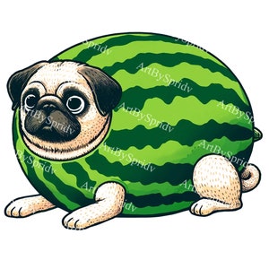 Pug Watermelon Download PNG Clipart - Cute Transparent Digital for Scrapbooking,Craft,T-Shirt Sublimation Design-Fun Summer Dog Illustration