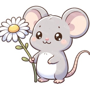 Cartoon Mouse with Daisy Flower Clipart - Watercolor Illustration PNG, T-Shirt, Mug, Tumbler Design, Scrapbooking & Sublimation Clip Art