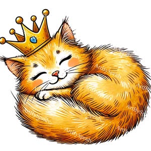 Cute Sleeping Cat with Crown PNG, Royal Kitten Clipart, Fantasy Feline Digital Art, Cozy Fairy Tale Cat Illustration for Stickers & T-Shirts